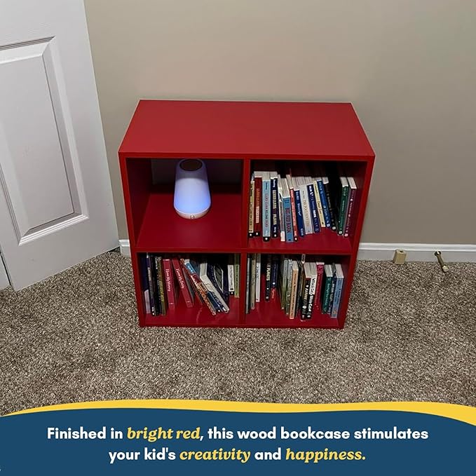 Kings Brand Furniture George 4-Cube Storage Organizer, 2-Tier Bookcase with Wood Shelves for Living Room, Bedroom, Nursery, or Home Office (Red, 2-Pack)