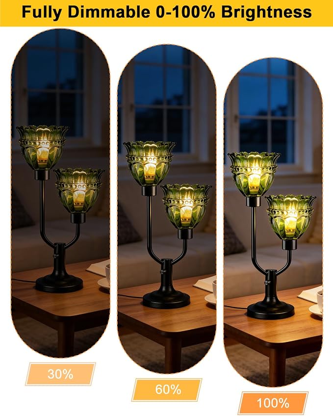 Lightdot Vintage Table Lamp for Bedroom Dimmable Mid Century Modern Black Desk Lamp Green Glass Nightstand Lamp 2 Bulbs Included Warmwhite Ambient Bedside Lamps for Living Room Home Office Decor Gift