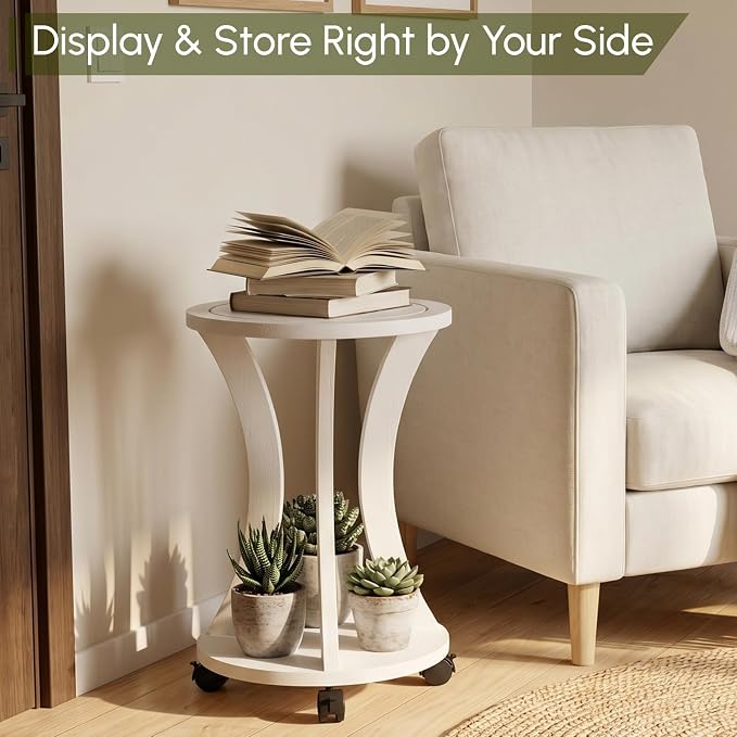 2 Tier Wooden Plant Stand Indoor with Wheels – Tall Plant Stand for 6-12 Inch Pots, Mid-Century Modern Rustic Plant Table Indoor, Pedestal Stand for Corner, Living Room, Balcony, White