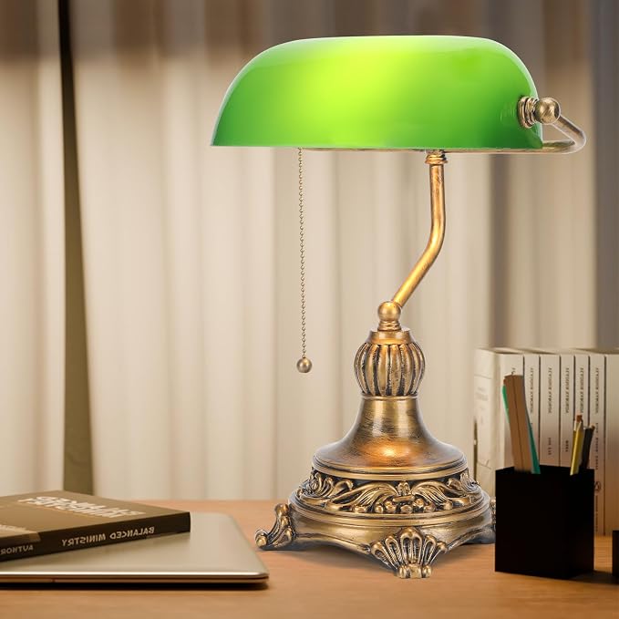 NISSAFORS Bankers Lamp with Pull Switch, Green Glass Desk Lamp with Retro Black/Gold Finish, Vintage Table Lamps for Living Room, Library, Piano(Green)