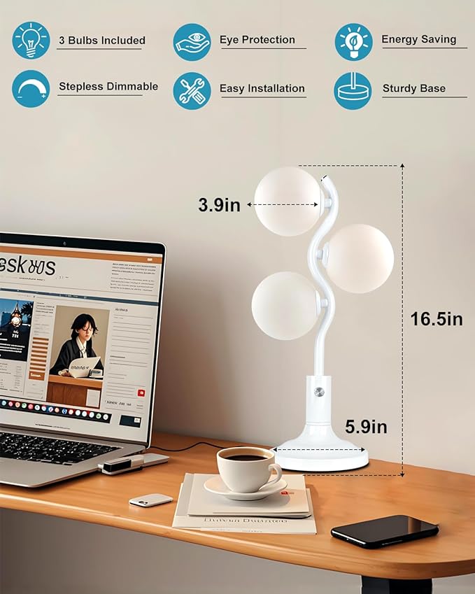 Lightdot Mid Century Globe Table Lamp Dimmable Modern 3 Lights White Desk Lamp 3000K Warmwhite Bedside Table Lamp for Bedroom Living Room Study Room(G9 Bulbs Included)