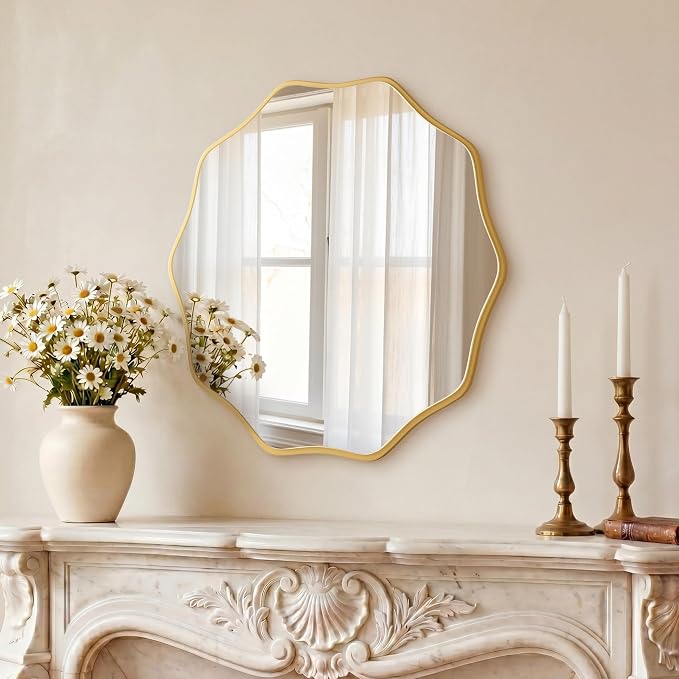 PERFNIQUE Gold Scalloped Mirror, 24'' Round Wall Mirrors Wavy Wood Framed for Bathroom Nursery Bedroom Living Room Entryway, Decorative Modern Wall Decor