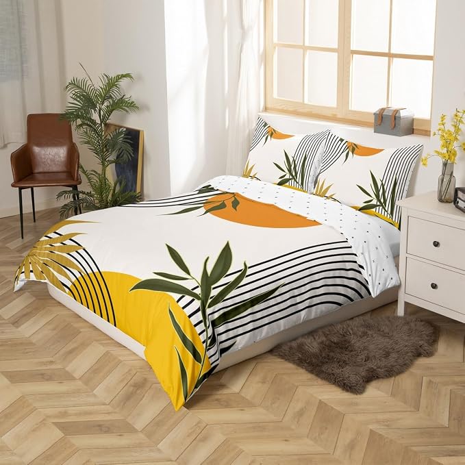Erosebridal Mid Century Boho Duvet Cover Queen for Kids Teens Adults,Abstract Modern Sun Comforter Cover,Minimalist Aesthetic Bedding Set,Yellow Gold Black Bed Set 3 Pcs Bedroom Decor