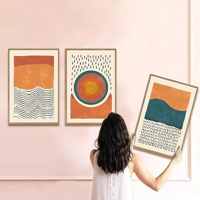 HPINUB Boho Abstract Framed Canvas Prints Wall Art Set, Mid-Century Color Block Shape Wall Decor, Minimalist Illustrations Art Photos for Living Room, Bedroom, Dining Room, Office, Bathroom-24"x36"x3