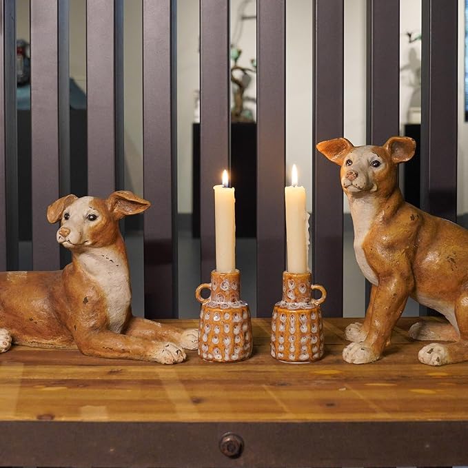 Ceramic Taper Candle Holder Decoration - Set of 2 Candlesticks with Handle Boho Style Candle Burning Display Holder for Coffee Table Centrepiece Living Room Farmhouse Vintage Tabletop Decor Cynkeyee