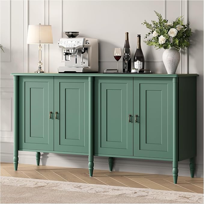 JOINICE 59" Sideboard Buffet Cabinet with Storage,Vintage Credenza with Adjustable Shelves & Solid Wood Legs,Accent Cabinet for Living Room,Dining Room,Kitchen,Bar,Entryway,Hallway,TV Console,Green