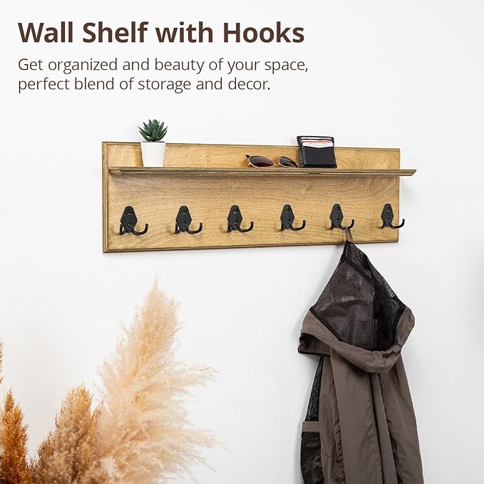 Rustic Wall Mounted Coat Rack with Shelf Wooden Entryway Organizer with 5 Metal Hooks for Coats Hats Towels Keys Floating Storage Shelf for Bathroom Bedroom (Jade, 45 inch 8 Hooks)