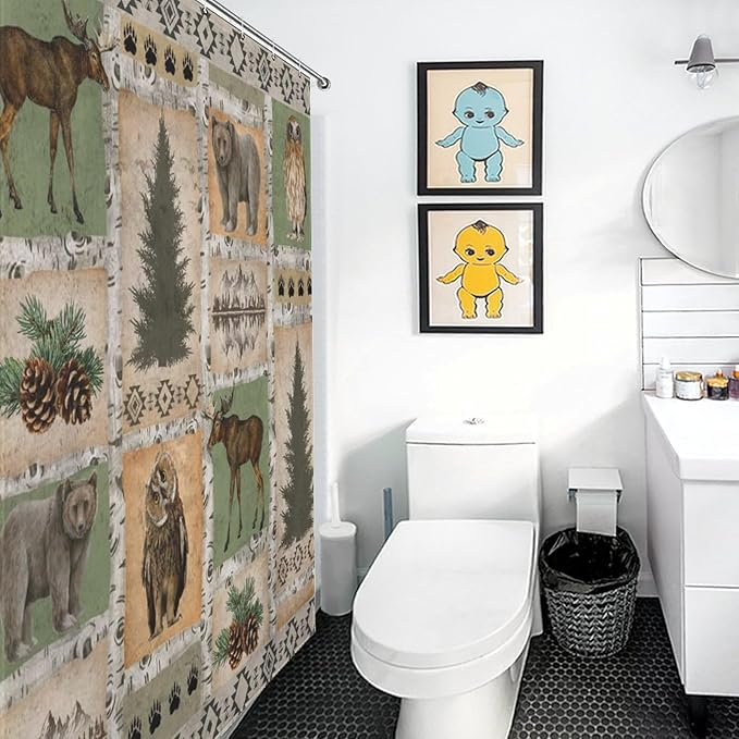 Vintage Bear Country Shower Curtains, Woodland Wildlife Paw Print Dried Branches Patchwork Waterproof Shower Curtains for Bathroom Decor 12 Pack Hooks 55x72in（140x183cm）