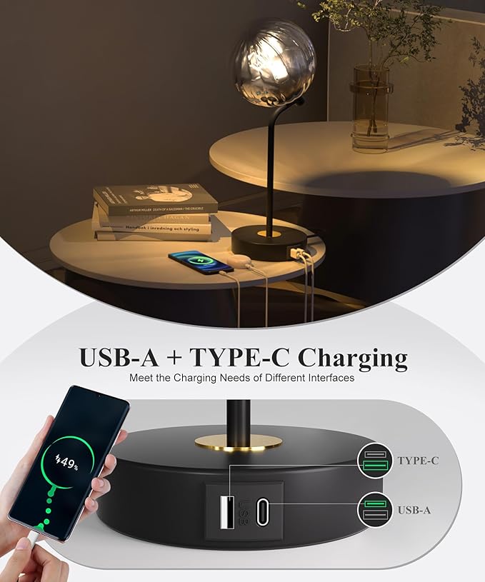 M14-2 Metro Sphere Glass Table Lamp - Mid Century Modern Night Stand Lamp with 3-Way Dimmable, USB Charging Ports, Minimalist Decorative Lamps for Living Room,Bedroom,Home Decor