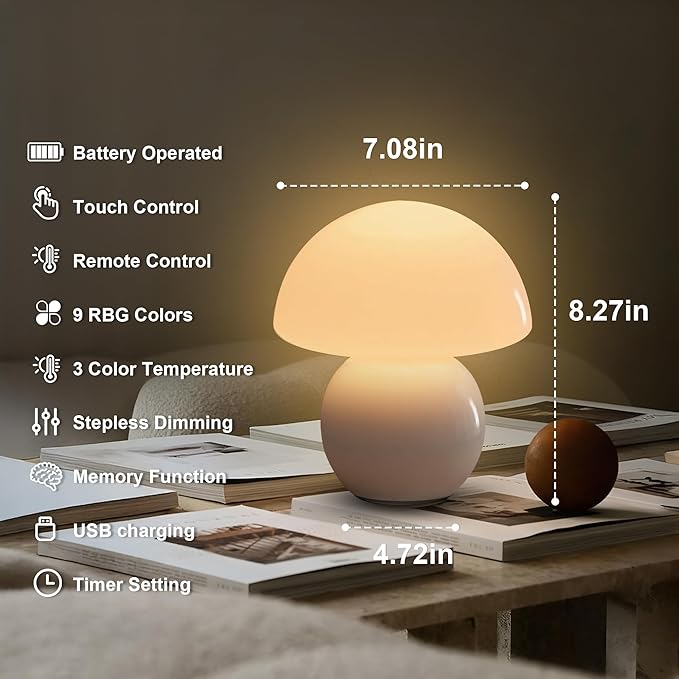 Cordless Cute Mushroom Lamp with Remote Control, Cordless Lamps for Tables, 9 RGB, 3 Color Temperature, Stepless Dimmable, Timer, Memory, Unique Aesthetic Home Decor for Living Room (White)