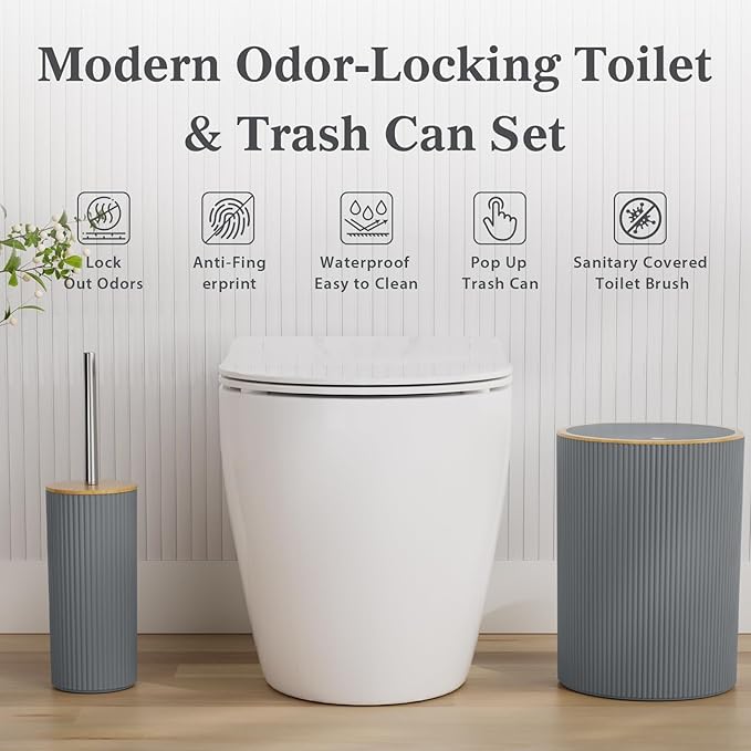 10PC Bathroom Accessories Set - Grey and Wooden Bathroom Sets, Bathroom Accessory Set with Pop Up Trash Can, Toilet Brush, Trash Can, Qtip Holder & Soap Dispenser