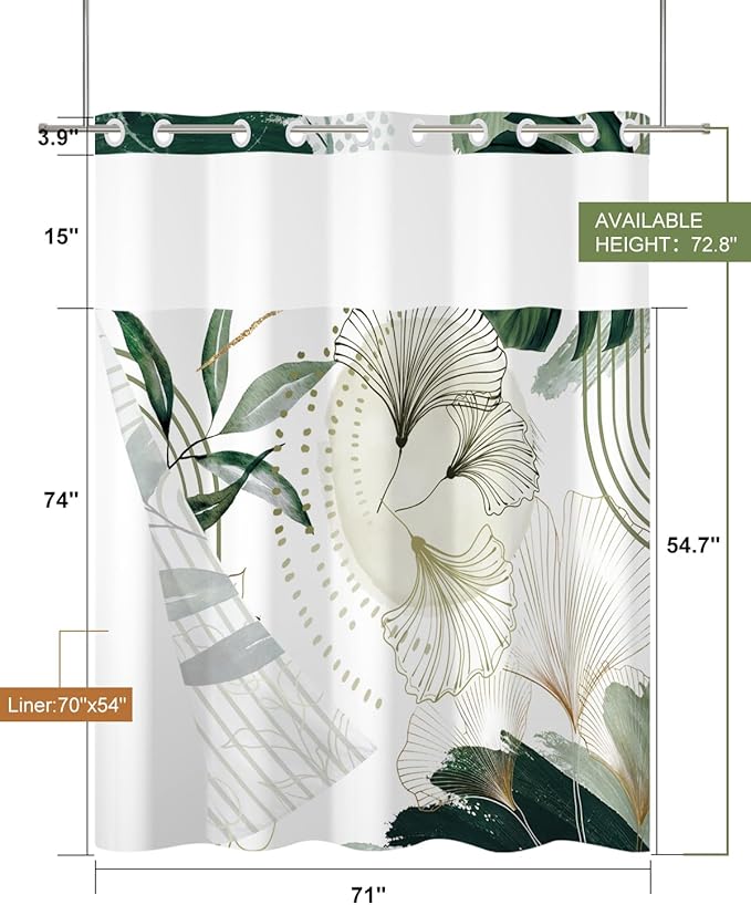 No Hook Shower Curtain with Snap in Liner Set, Abstract Green Botanical Leaf Print Shower Curtains for Modern Boho Bathroom, Mesh Top Waterproof Double Layer Bath Curtain, 71x74 Inch
