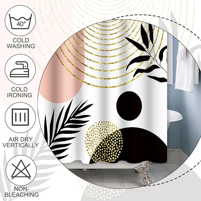 Baocicco Mid Century Shower Curtain Boho Sun Plant Leaves Modern Abstract Gold Geometric Shower Curtains for Bathroom Bathtubs Waterproof Fabric Shower Curtain with Hooks 48x72 Inches