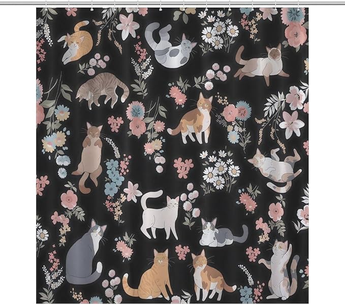 Cat Shower Curtain,Watercolor Black Floral Garden Funny Animals Bathroom Curtain Polyester Waterproof Fabric Decor 66x72in（168x183cm）