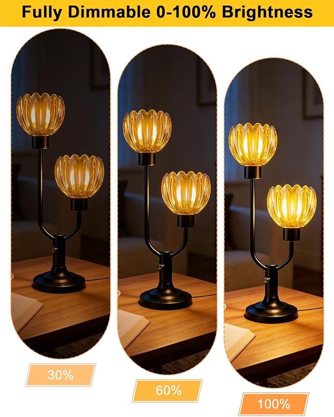 Lightdot Mid Century Modern Flower Table Lamp for Bedroom Dimmable Nightstand Lamp Amber Glass Vintage Black Desk Lamp 2 Bulbs Included Warmwhite Ambient Bedside Lamp for Living Room Home Office Decor