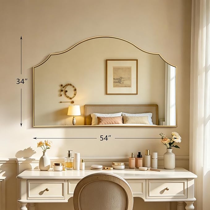 Besdomus Oversized Scalloped Gold Mirror: 54"x34" Modern Minimalist Wood Frame Wall Mirror - Decorative Fireplace Arched Mirrors for Bathroom/Entryway/Vanity/Living Room - Home Decor for Fashion Women