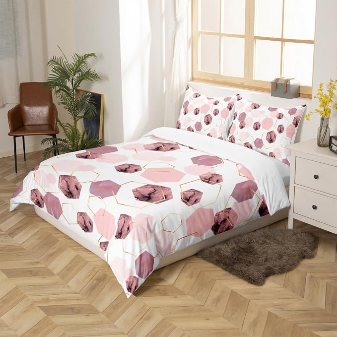 Erosebridal Modern Pink Duvet Cover for Bedroom - Marbling Geometric Art Kids Bedding, Girly Abstract Golden Striped Bed Cover for Home Decor, King 3 Pieces