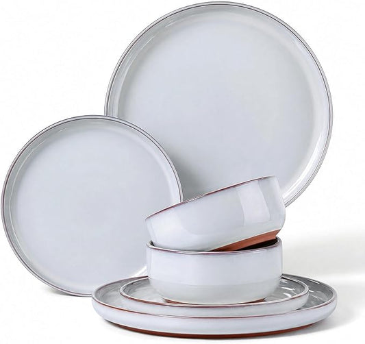 E-far Stoneware Dinnerware Sets for 2, 6 Pieces Reactive Glaze Plates and Bowls Sets, Elegant Dishes with Rustic Terracotta Base, Dishwasher & Microwave Safe, Scratch Resistant, Glacier White