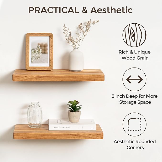 Floating Shelves 30" W x 8" D, Solid Elm Wood Shelves for Wall, 8 Inch Deep Floating Shelves for Home Storage & Display, Rustic Wooden Bathroom Shelves 30 Inch Long, Set of 2, Heavy-Duty Bookshelf