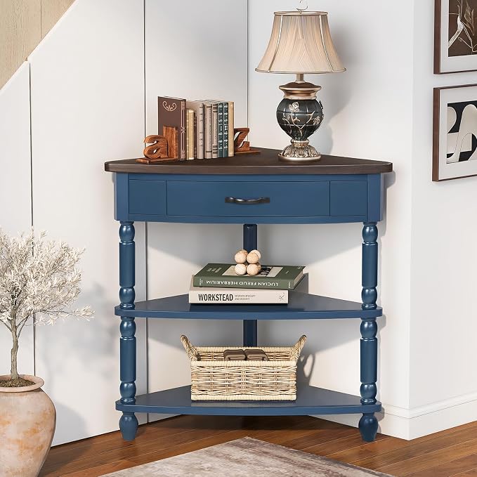 33.86" Corner Table, Wood 3 Tier Triangle Side Table Corner Shelf Stand with Solid Wood Legs 1 Drawer & 2 Storage Shelves for Living Room Small Space (Navy Blue)