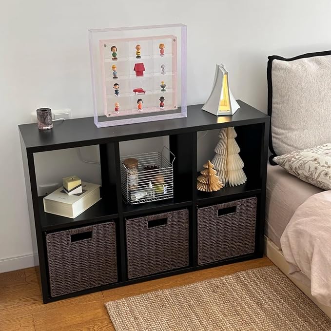 IRONMIX Metal Cube Storage Organizer with 4 Storage Basket, Short Bookshelf with Storage, 2 Tier Black Bookshelf Cube Shelf, Short Bookcase for Home Office Library (Black, 700+1037 with Basket)