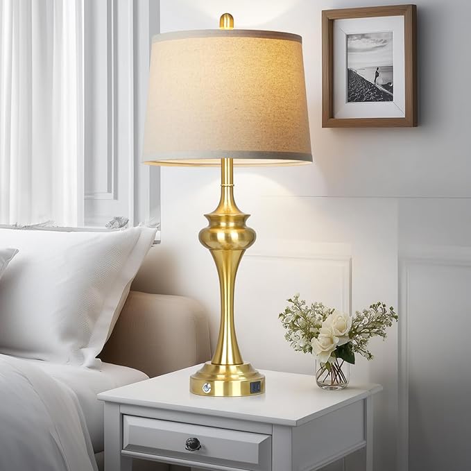Rinweey 30 Inch Single Table Lamp for Bedside, 3-Way Touch Control Bedroom Table Lamp with USB A+C Ports, Tall Living Room Lamps for End Table, Modern Brass Lamps for Nightstand Desk Office, Gold
