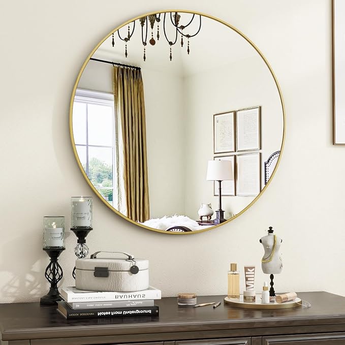 VooBang Gold Round Bathroom Mirror, 20 inch Circle Wall Mounted Hanging Mirror with Simple Modern Circular Metal Frame for Hallway, Entryway, Living Room, Gold Frame