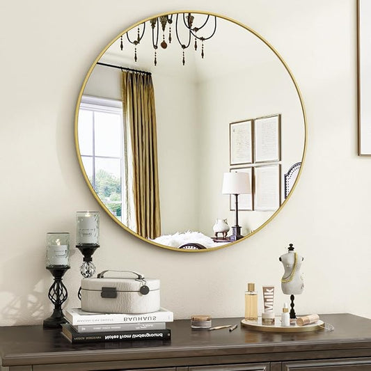 VooBang Gold Round Bathroom Mirror, 20 inch Circle Wall Mounted Hanging Mirror with Simple Modern Circular Metal Frame for Hallway, Entryway, Living Room, Gold Frame