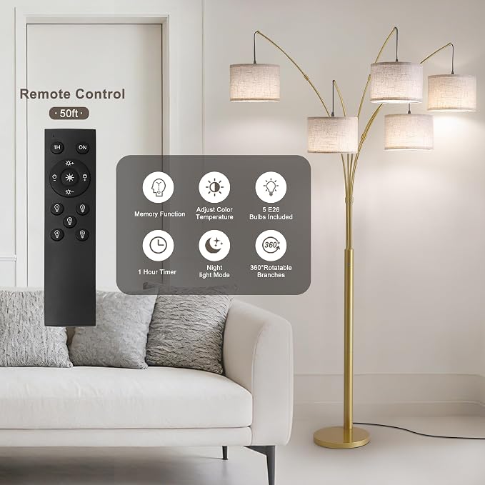 Gold Floor Lamps for Living Room, 4000LM Super Bright Arc Floor Lamp with Remote Control, Large Tall Floor Lamps with Stepless Dimmable, 80" Mid Century Tree Floor Lamp for Bedroom, Office