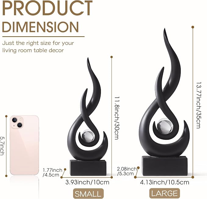 FJS Black Flame Statue, 11.8" Abstract Resin Sculpture for Modern Home Decor, Minimalist Art Figurine for Shelf Coffee Table Centerpiece