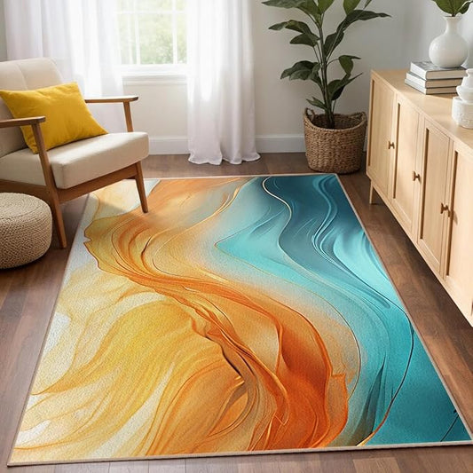 Teal Orange Living Room Rug Carpet 3x5, Turquoise Marble Decorative Area Rugs for Entryway Living Room Kitchen Bedroom, Orange Teal Gold Decor Carpet Non-Slip Machine Washable Indoor Entry Rug