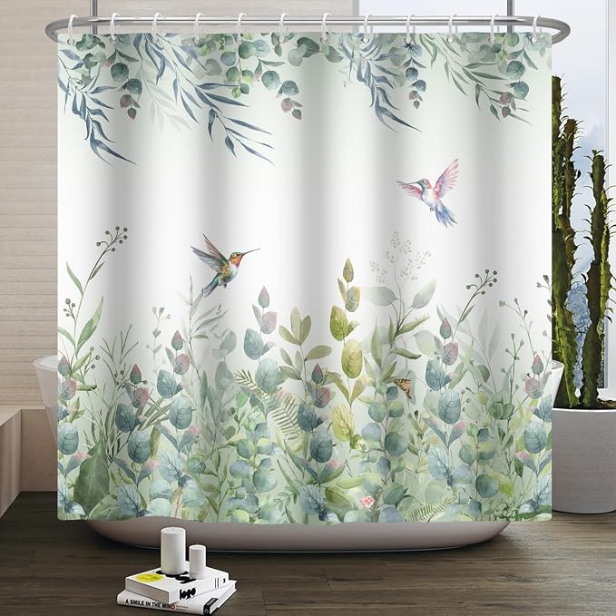 Sage Green Shower Curtain Spring Bird Shower Curtain for Bathroom Plant Eucalyptus Hummingbird Shower Curtains Summer Botanical Leaves Extra Long 72x72 in with 12 Hooks