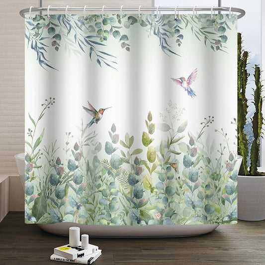 Green Leaf Shower Curtain Colourful Bird Eucalyptus Bathroom Curtain Plant Leaves Botanical Hummingbird Spring Summer Shower Curtain Sets for Bathroom Extra Long 72x96 in with 12 Hooks