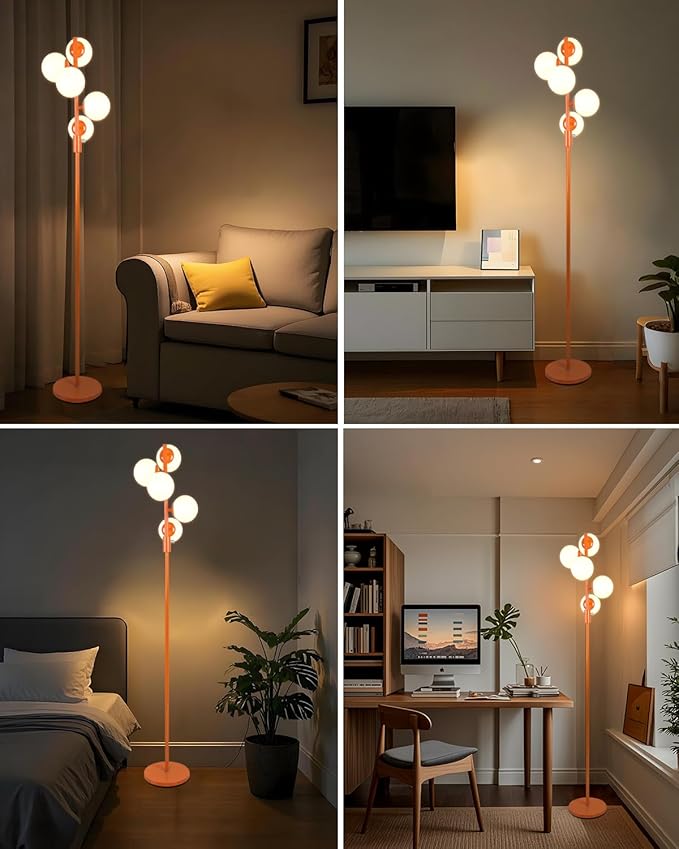 Lightdot 5-Globe Dimmable Globe Floor Lamp Orange Retro Standing Lamps with 5Pcs Bulbs Included Brightness Adjustable Mid Century Modern Floor Lamp for Living Room/Sofa Beside/Corner Decor