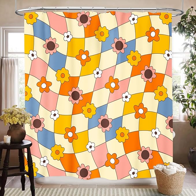 Hippie Floral Shower Curtain for Bathroom,Rustic Orange 70s Floral Flower Checkboard Groovy Cute Aesthetic Funky Trippy Vintage Waterproof Fabric Shower Curtain Set with Hooks, 72"x78"