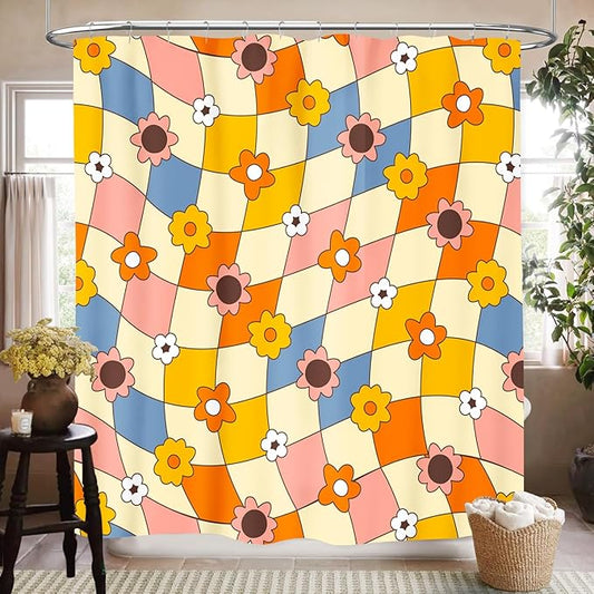 Hippie Floral Shower Curtain for Bathroom,Rustic Orange 70s Floral Flower Checkboard Groovy Cute Aesthetic Funky Trippy Vintage Waterproof Fabric Shower Curtain Set with Hooks, 72"x84"