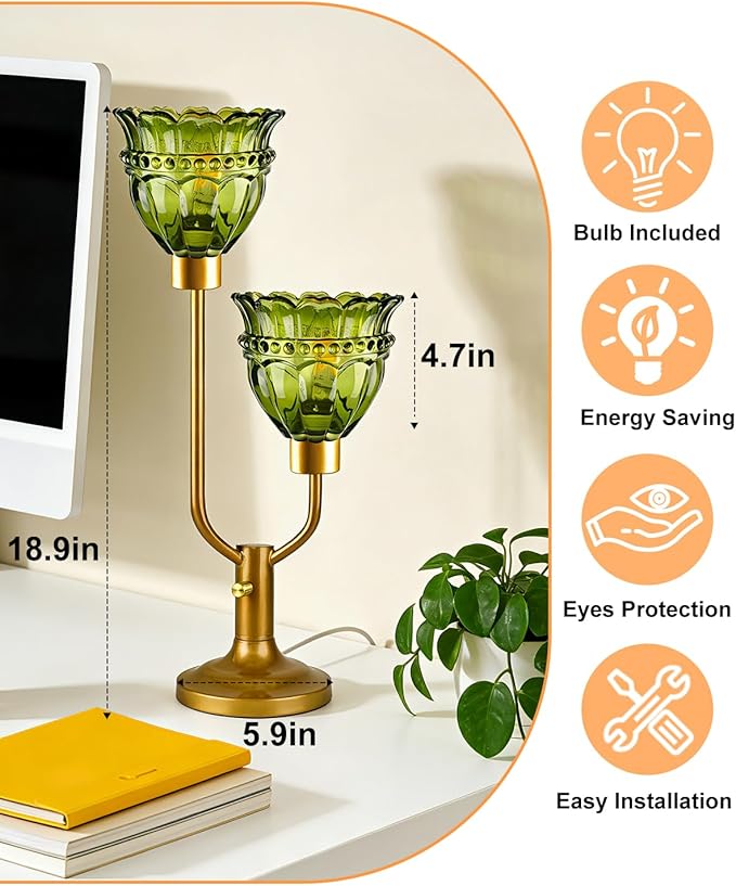 Lightdot Vintage Green Glass Table Lamp for Bedroom Dimmable Mid Century Modern Gold Desk Lamp Nightstand Lamp 2 Bulbs Included Warmwhite Ambient Bedside Lamps for Living Room Home Office Decor Gift