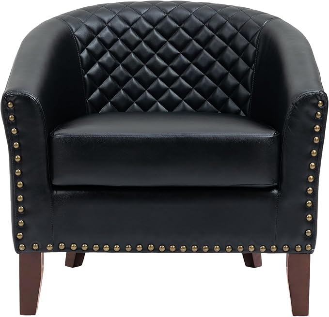 UIXE PU Leather Accent Chair, Barrel Club Chair Modern Upholstered Armchair for Living Room, Comfy Nailed Trim Arm Chair Bedroom Reading Seat, Black