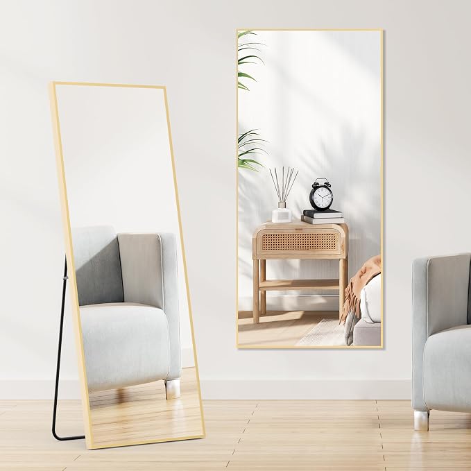 OLIXIS 64"x 21.5" Mirror Full Length, Full Body Mirror with Stand, Hanging or Leaning for Wall, Floor Standing with Shatter-Proof Glass for Bedroom, Living Room, Long, Gold
