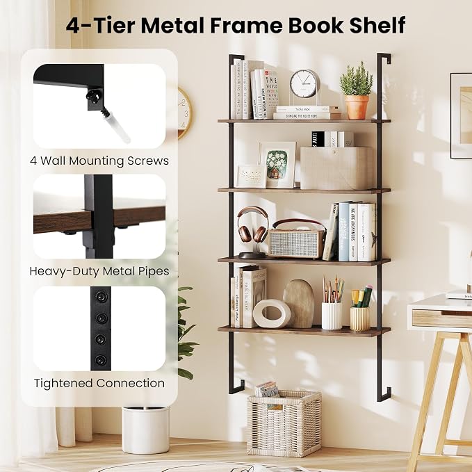 Tangkula 4-Tier Bookshelf, Wall-Mounted Open Bookcase with Metal Frame, Industrial Display Storage Ladder Shelf for Study, Living Room & Kitchen (2, Brown)