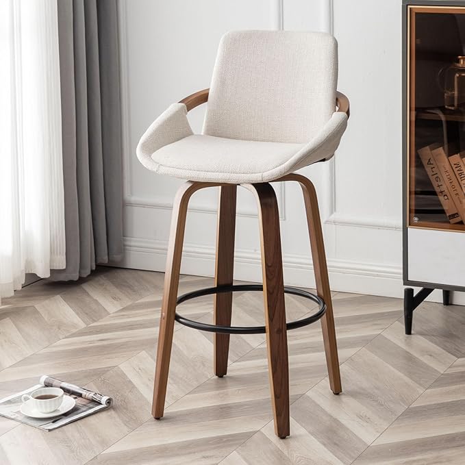 LUNLING 29.5" Bar Height Barstools Set of 3,Mid Century Modern Retro Bar Chairs Charcoal Beige Linen Look Fabric Upholstered and Walnut Wood Frame for Home Bar Furniture(Beige)