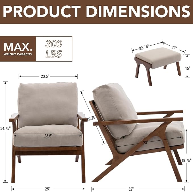 chairus Mid-Century Modern Accent Chairs with Ottomans Set of 2, Comfy Upholstered Lounge Armchairs with Solid Wood Frame, Reading Chairs for Living Room Bedroom Office, Beige Denim Fabric