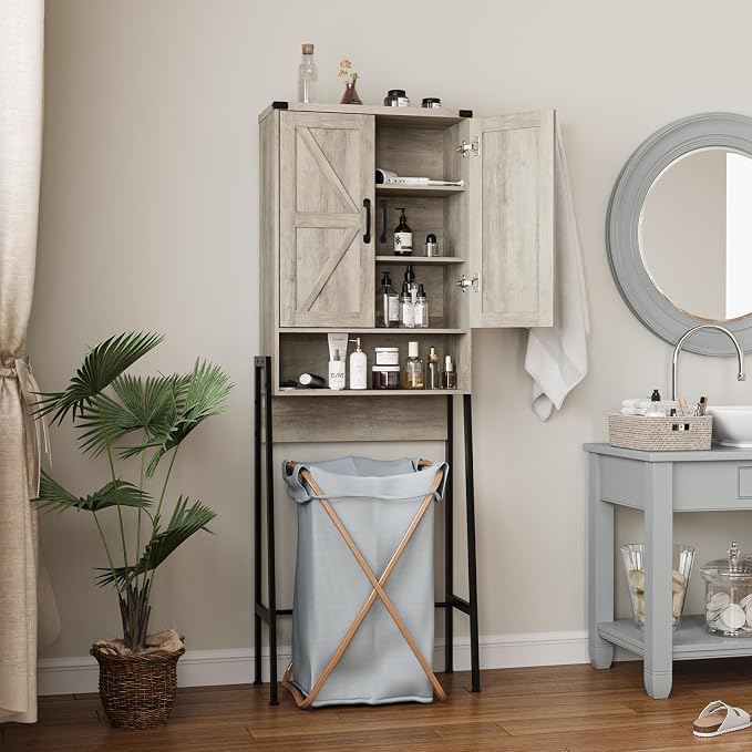 Vabches Over The Toilet Storage Cabinet with 2-Door Design Bathroom Organizers and Storage with Anti-Tip Device Over Toilet Organizer with Shelves for Bathroom,Restroom,Laundry Grey