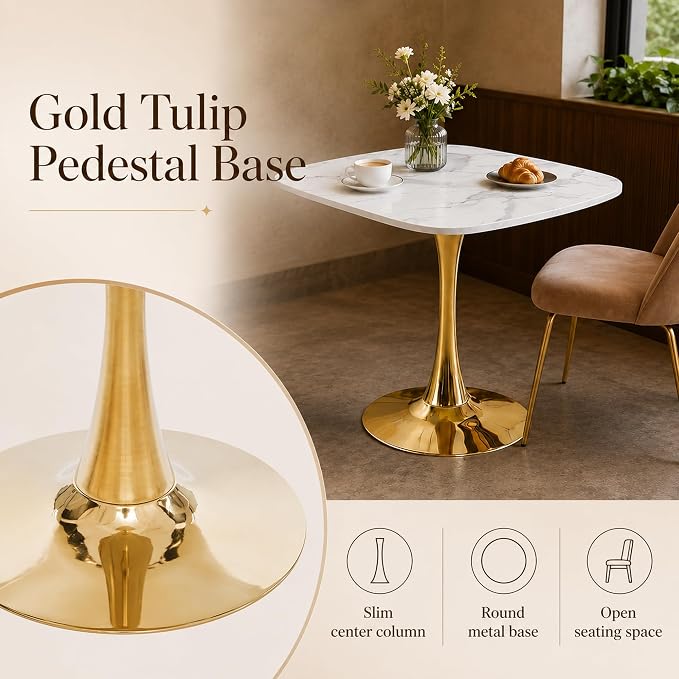 31.5" Square Dining Table for 2-4, White Marble-Look MDF Top with Gold Tulip Pedestal Base, Mid-Century Modern Kitchen Table for Apartment, Breakfast Nook, Café and Bistro