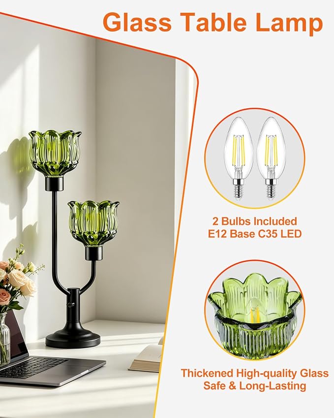 Lightdot Vintage Green Glass Table Lamp for Bedroom Dimmable Mid Century Modern Desk Lamp Black Flower Nightstand Lamp 2 Bulbs Included Warmwhite Ambient Bedside Lamp for Living Room Home Office Decor