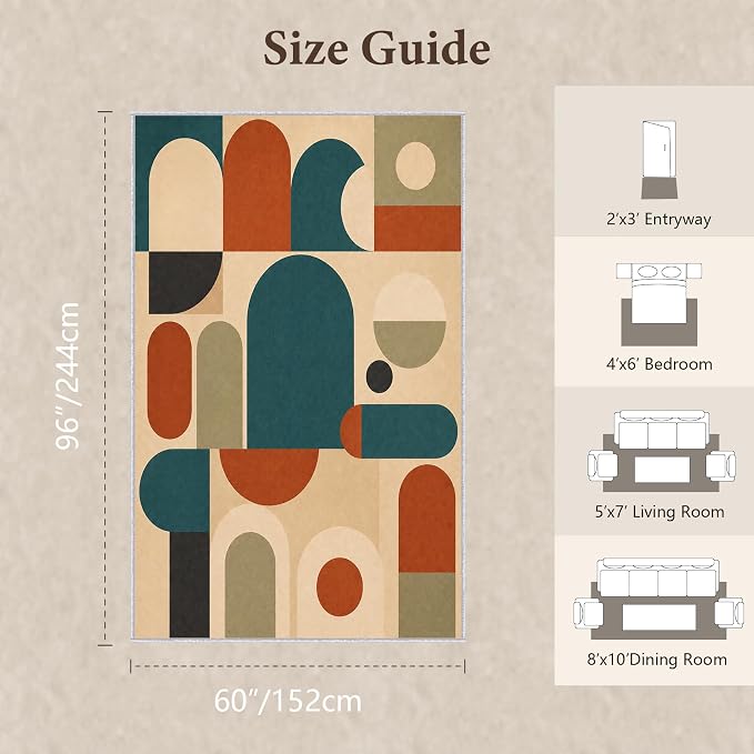 Teal Rust Area Rug 5x8, Mid Century Modern Mosaic Geometric Rug, Retro Abstract Color Block Washable Low Pile Non Slip Rug for Living Room Bedroom