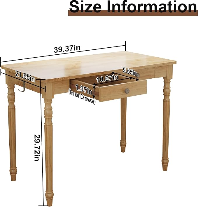 Solid Wood Desk with Drawers - 40 Inch Writing Desk with Drawers, Mid Century Modern Desk with 2 Hooks, Rubber Wood Study Table for Bedroom, Living Room & Office, Natural Boho Desks