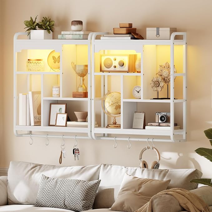 HOOBRO Gaming Floating Shelves with LED Lights, 26.4" LED Wall Mounted Shelf, Modern Corner Shelf 3-Tier Display Rack for Wall Storage, Arched Design, for Kitchen, Living Room, Study, White WT44DBJ01