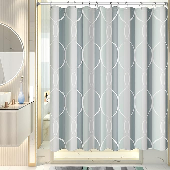 AmazerBath Shower Curtain Sets, Washable Cloth Geometric Green-Grey Stripped Fabric Shower Curtain with 12 Metal Hooks, Luxury Home Farmhouse Polyester Bathroom Decor Shower Curtains, 72x72 Inches
