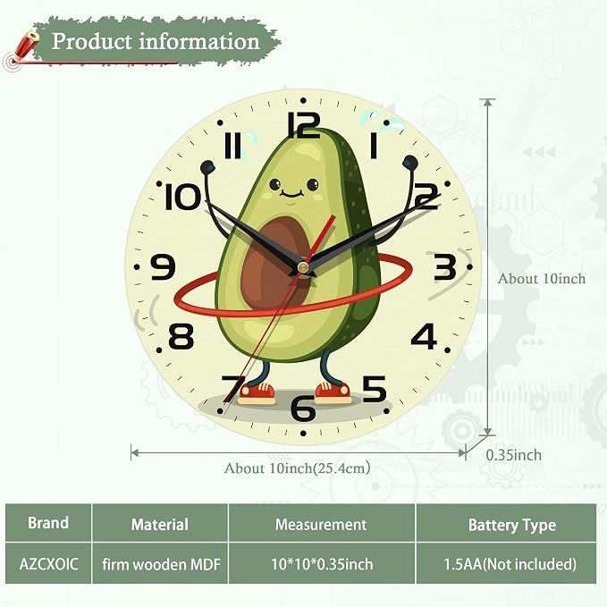 Wall Clock for Bathroom,Cute Avocado Wall Clocks Silent Non-Ticking Battery Operated Clock 10 Inch,Wall Clocks Decorative for Living Room,Kitchen,Office